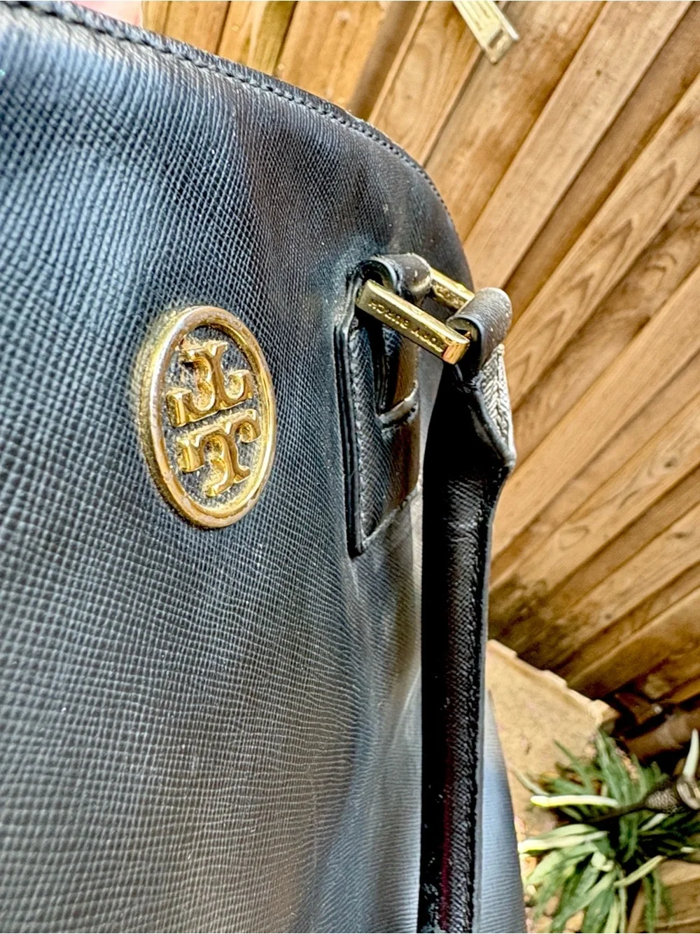 Tory Burch Black Leather Dome Satchel with Gold Logo